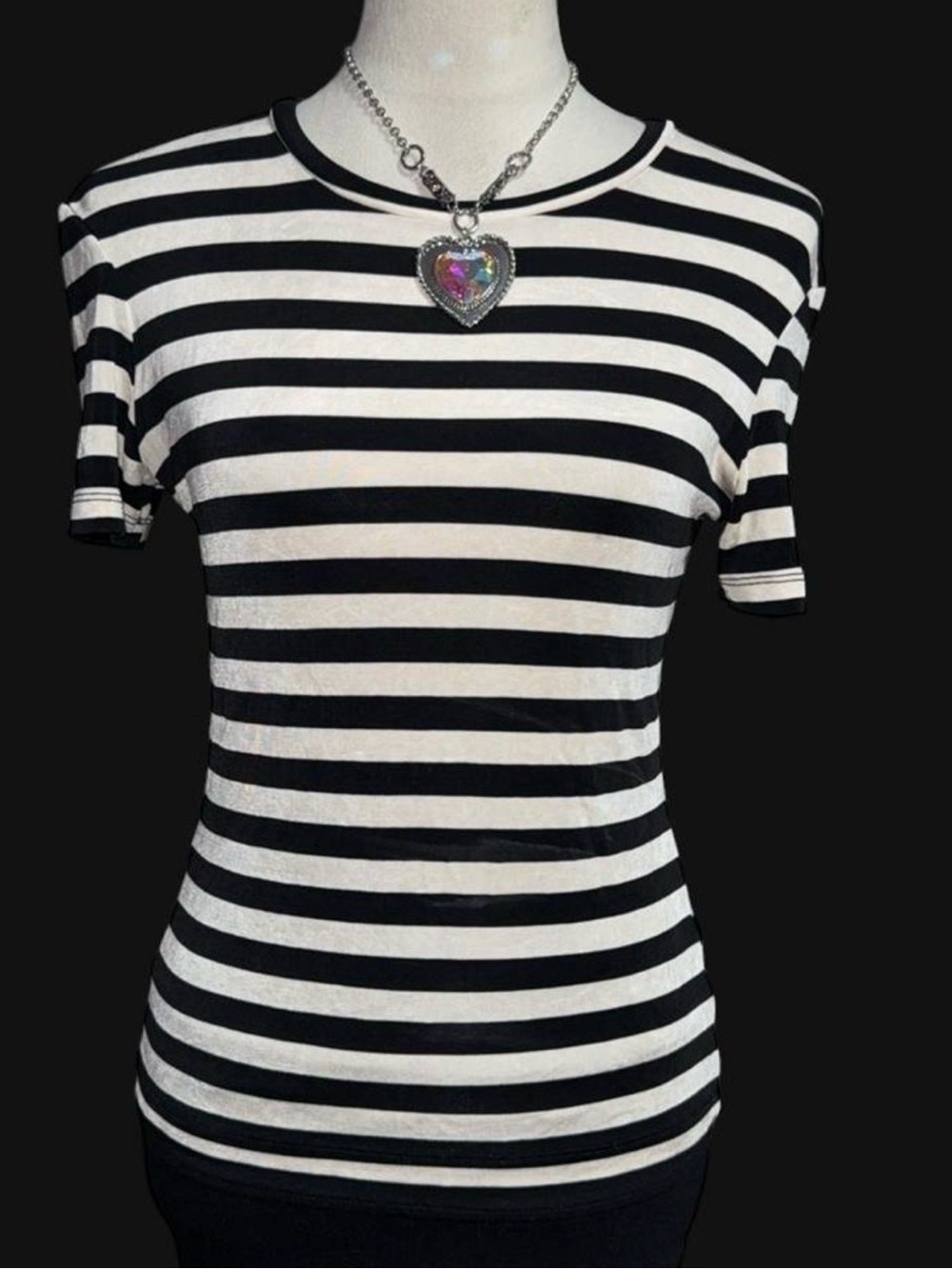 BCBG Black and White Striped Short Sleeve Tee